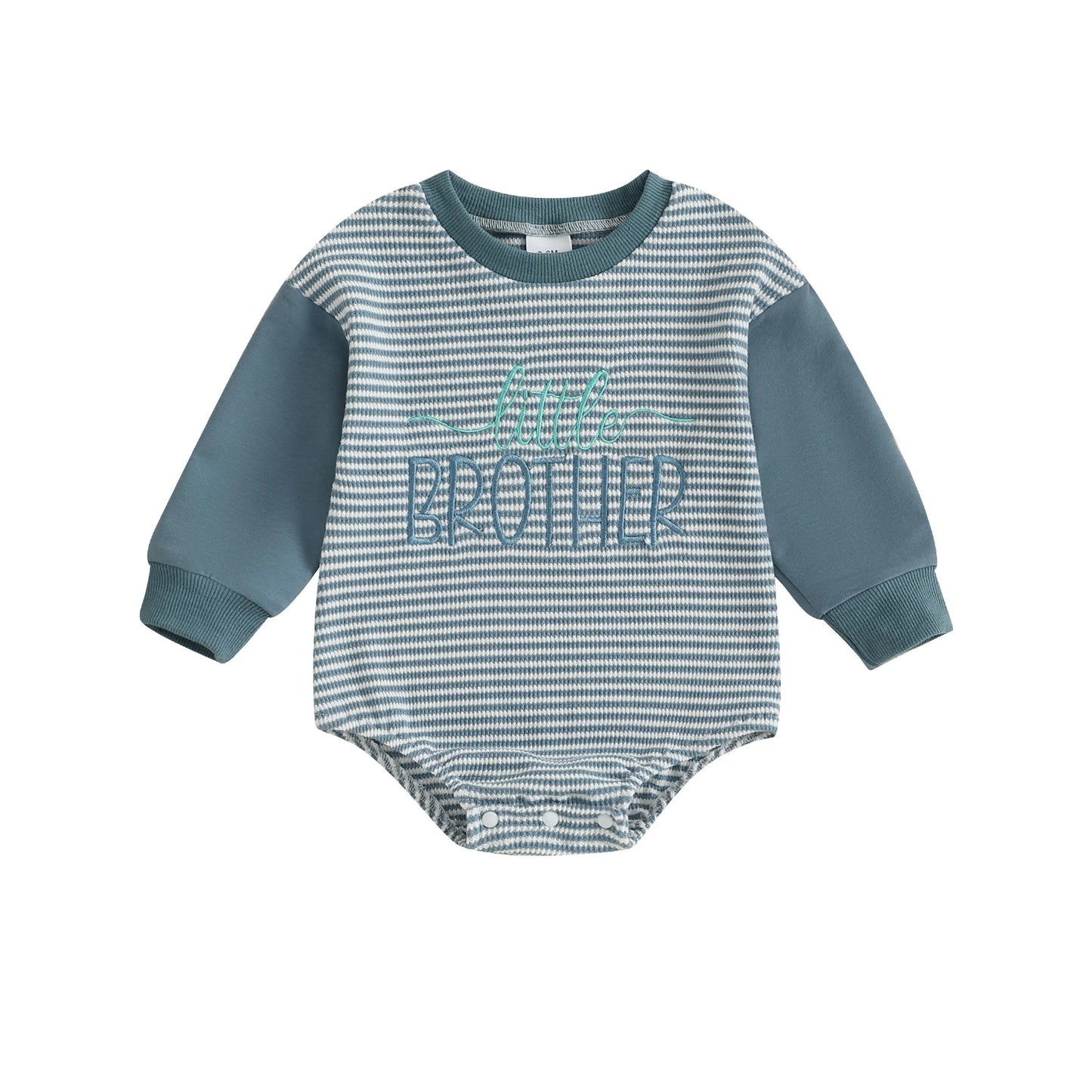 Baby Boys Girls Fall Romper Stripe Letter Little Brother Sister Embroidery Long Sleeve Crew Neck Bubble Jumpsuit