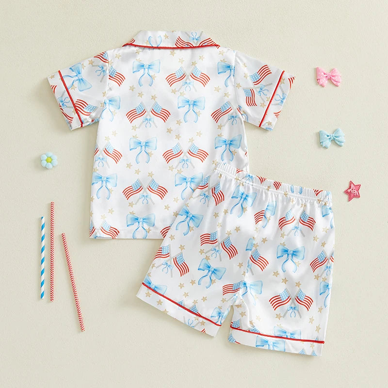 Toddler Girls Patriotic Pajamas Set Summer Star/Bow Print Button up Short Sleeves Shirt with Elastic Shorts for Loungewear