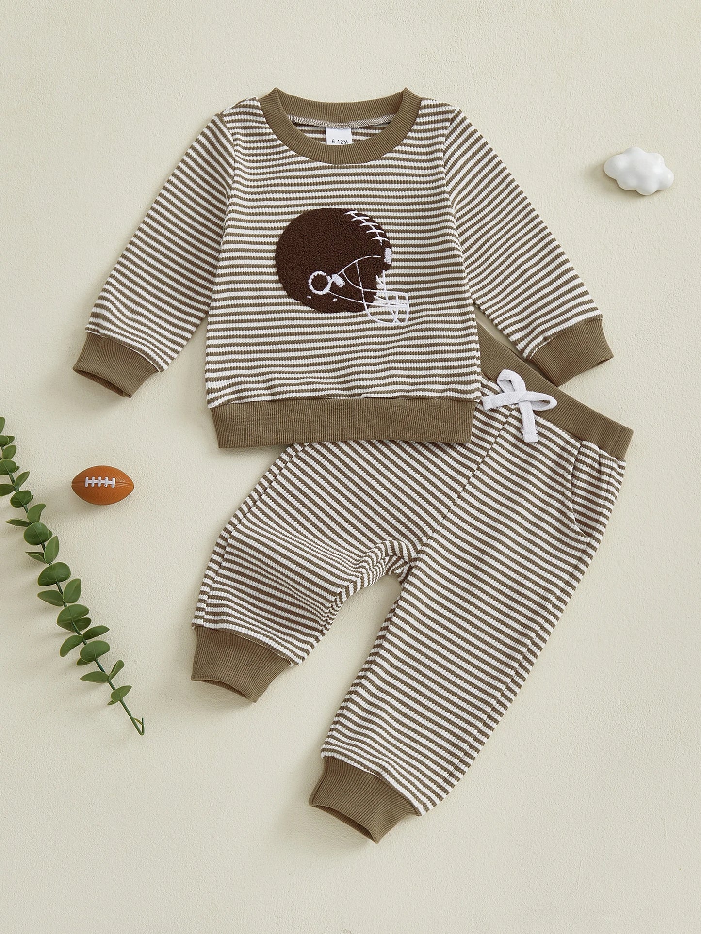 Baby Toddler Boys 2Pcs Football Helmet Outfit Striped Long Sleeve Top Elastic Waist Pants Waffle Jogger Set