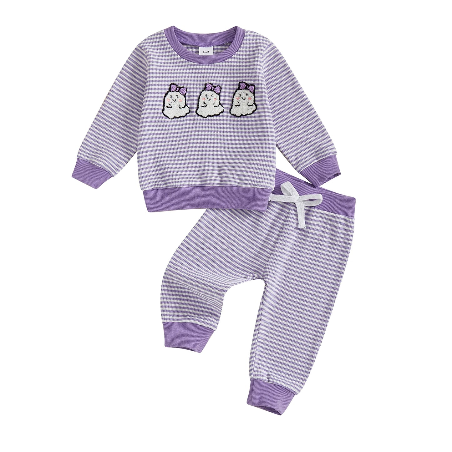 Baby Toddler Girls Boys 2Pcs Striped Set Halloween Ghost Embroidery Long Sleeve Pullover Top with Jogger Pants Fall Outfit