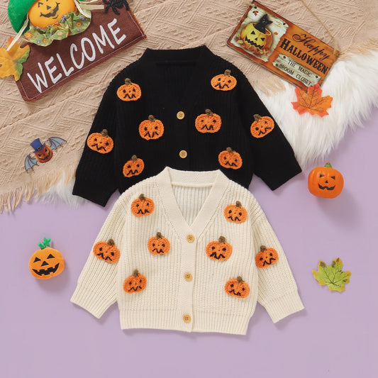 Baby Toddler Boys Girls Knit Cardigan Cute Halloween Pumpkin Embroidery Fall V Neck Long Sleeve Button Up Sweater Top