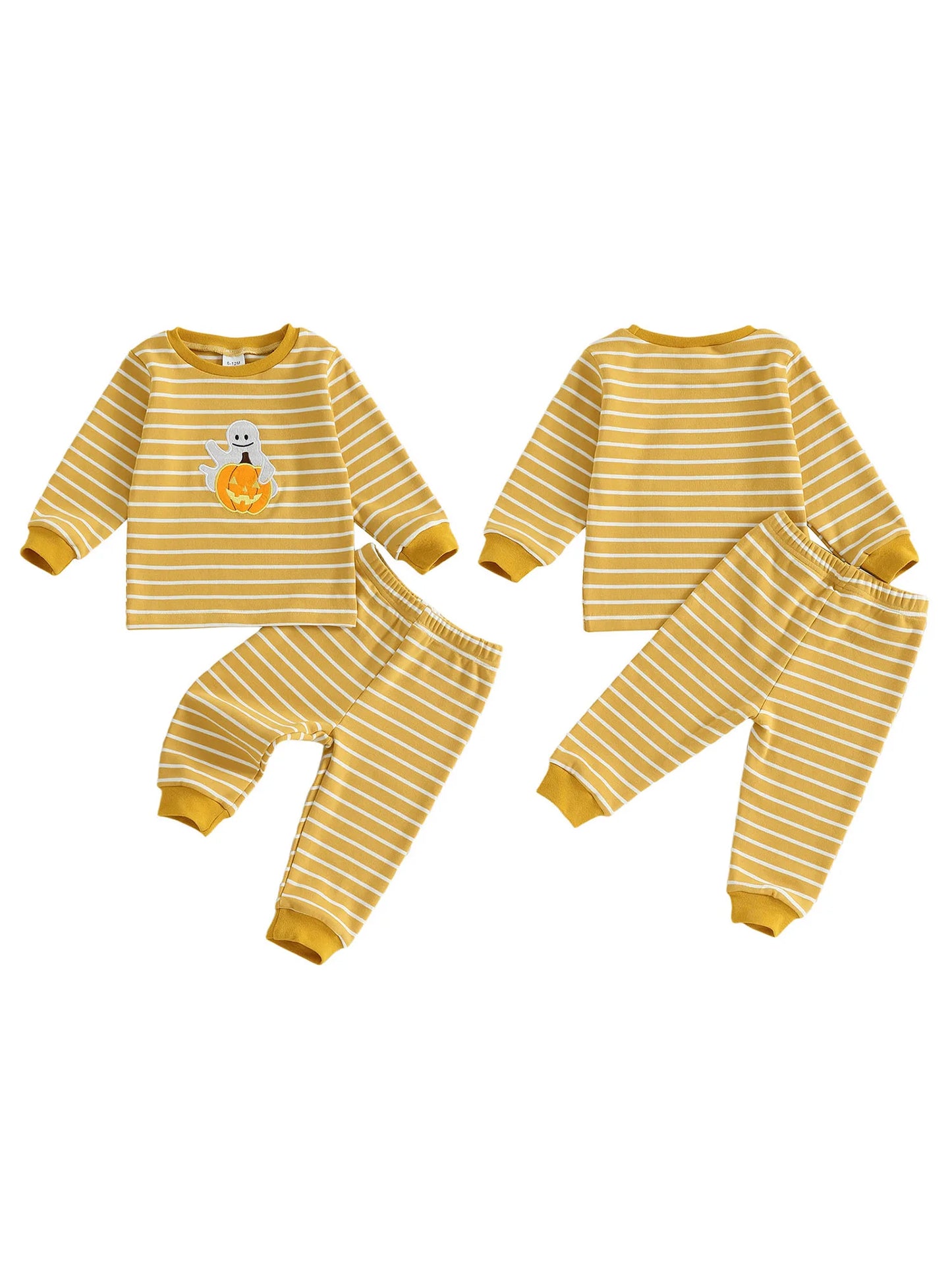 Baby Toddler Girls Boys 2Pcs Halloween Pajamas Set Long Sleeve Embroidery Pumpkin Ghost Top with Striped Pants Sleepwear