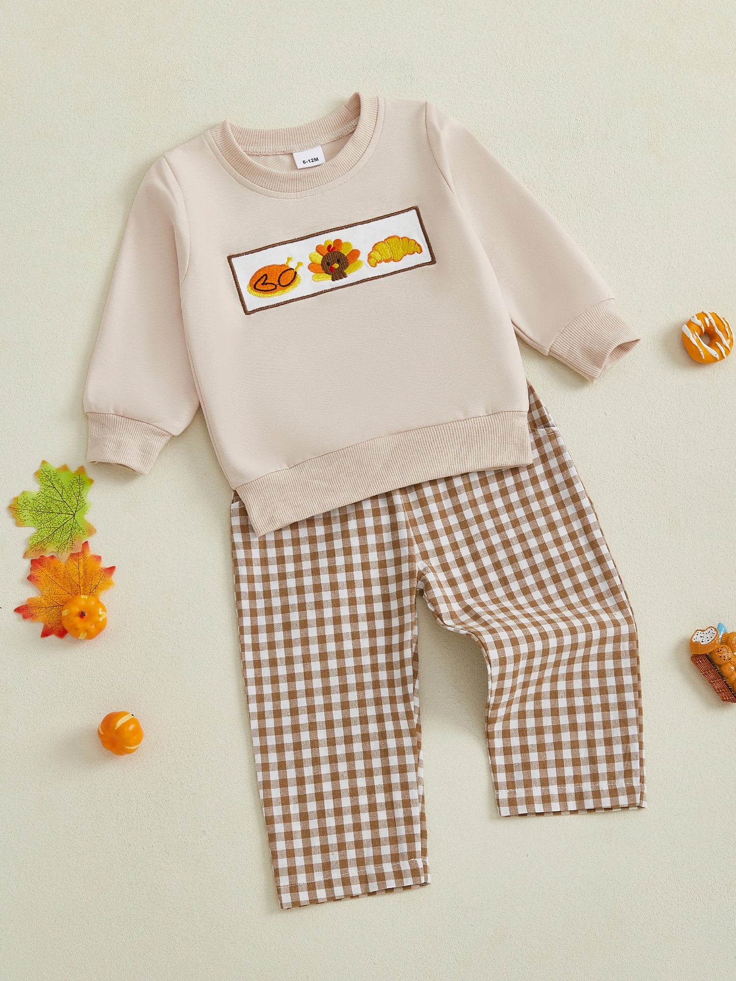 Baby Toddler Boys Girls 2Pcs Thanksgiving Outfit Pumpkin Turkey Pie Long Sleeve Crewneck Top Plaid Elastic Waist Pants Set