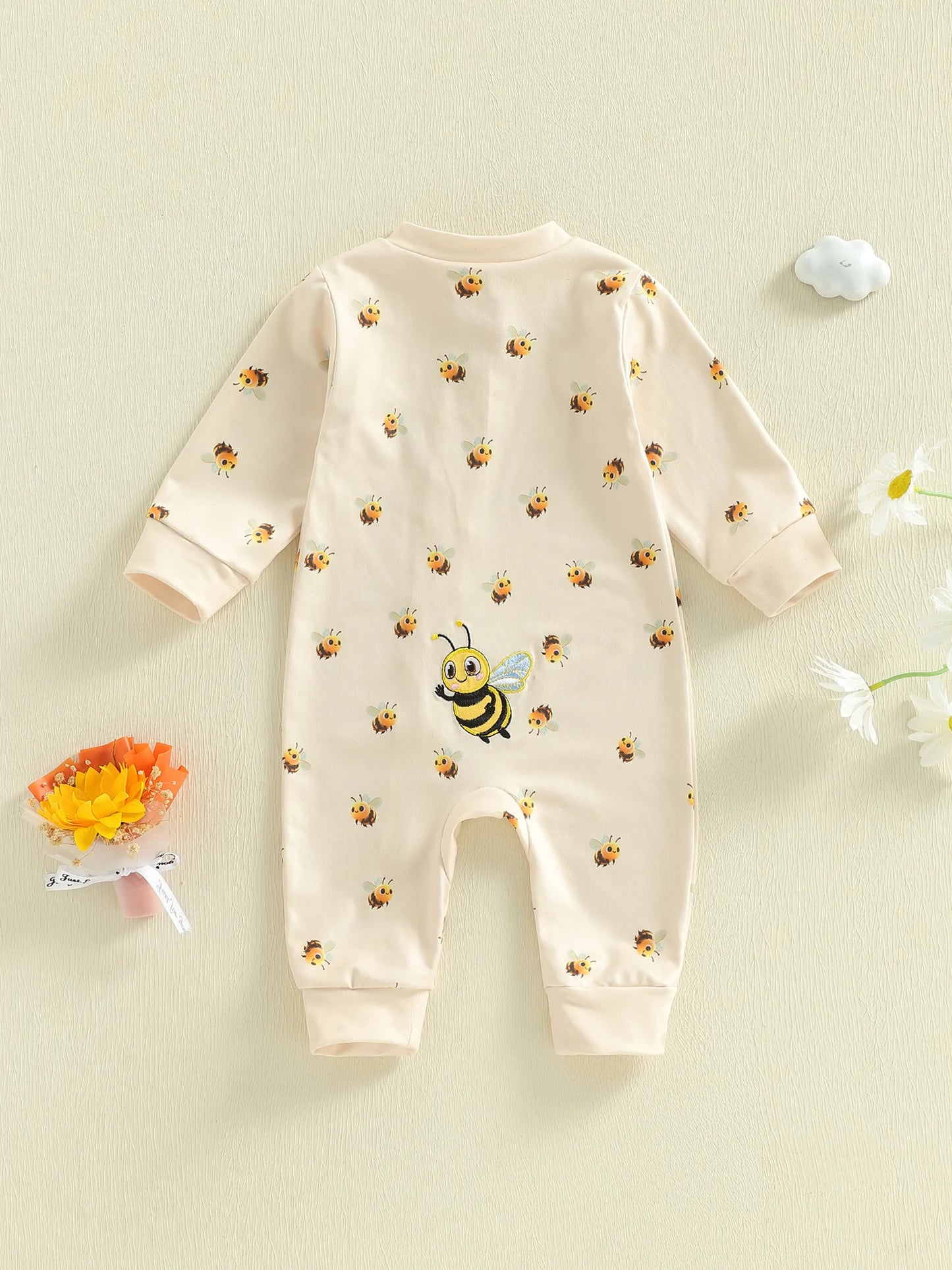 Baby Boy Girl Zipper Romper Crew Neck Long Sleeve Cute Bee Print Zip Up Jumpsuit