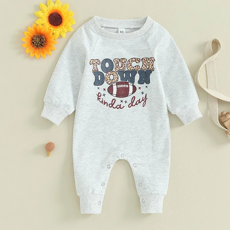 Baby Boys Girls Football Romper Letter Touchdown Kinda Day Long Sleeve Round Neck Loose Fit Jumpsuit