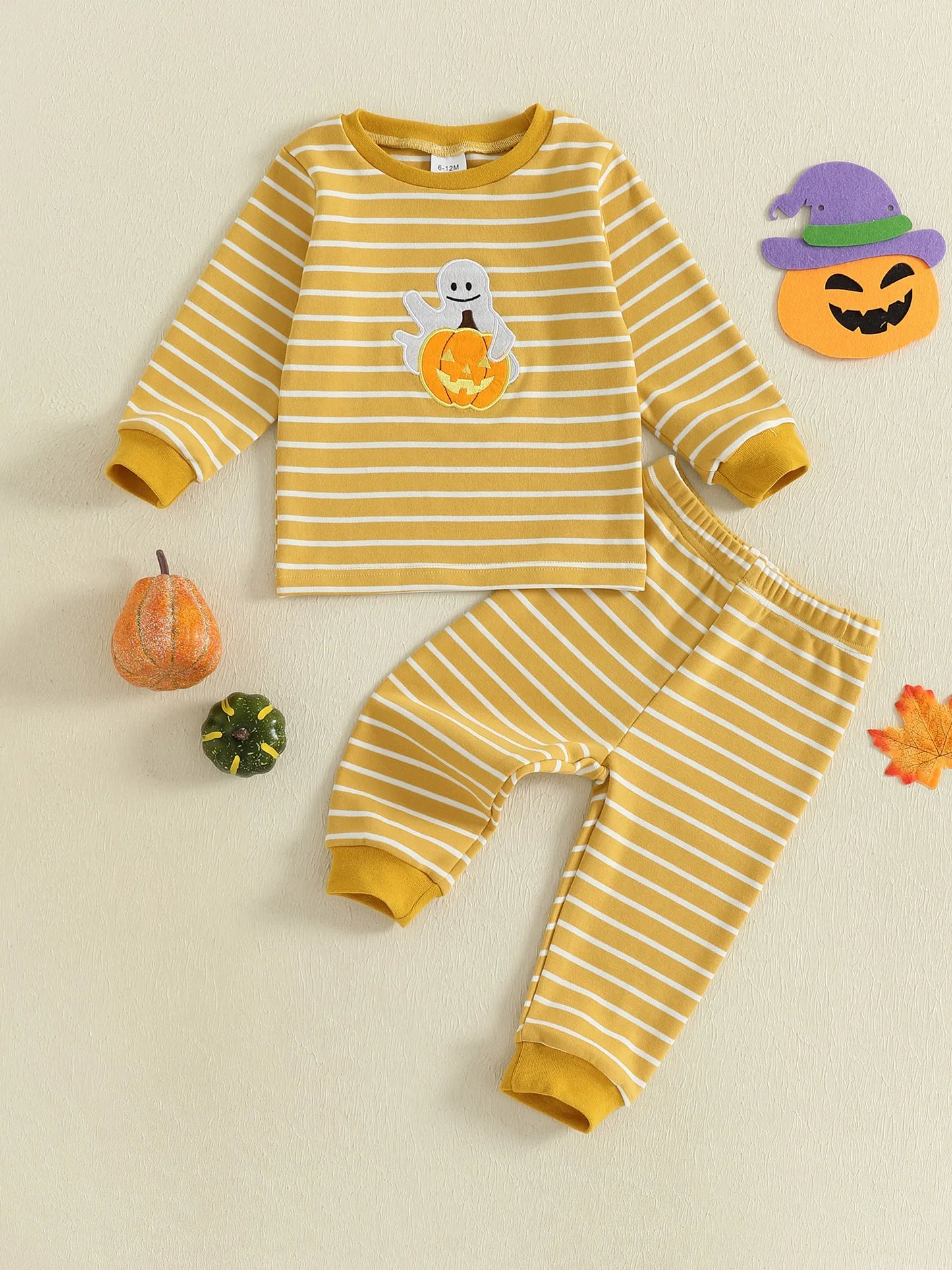 Baby Toddler Girls Boys 2Pcs Halloween Pajamas Set Long Sleeve Embroidery Pumpkin Ghost Top with Striped Pants Sleepwear