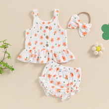 Load image into Gallery viewer, Baby Girls 3Pcs Clothes Set Floral Flower Print Sleeveless Tank Top Ruffled Button Elastic Waist Shorts Bow Headband
