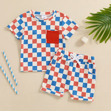 Load image into Gallery viewer, Baby Toddler Boys 2Pcs Outfit Checker Pattern Pocket Round Neck Short Sleeve Top Elastic Waist Shorts Set
