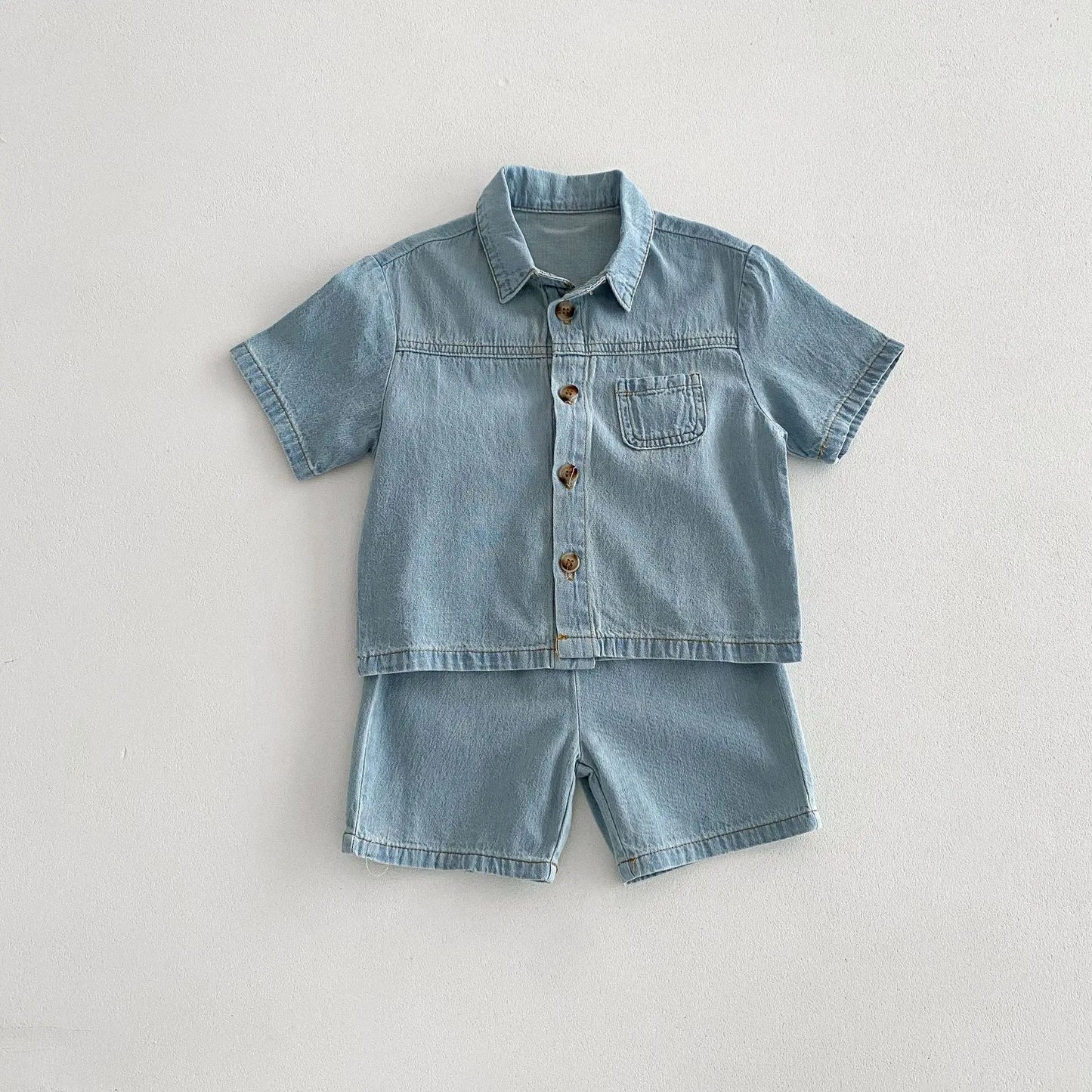Solid Button Up Denim Shorts Set