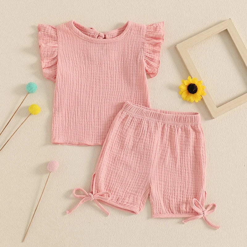 Baby Toddler Girls 2Pcs Summer Outfit Solid Color Short Frill Sleeve Round Neck Top + Elastic Waist Tie Shorts Set