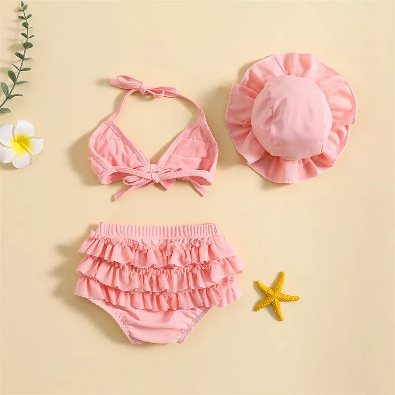 Baby Girls Cute Frill Swimsuit With Hat