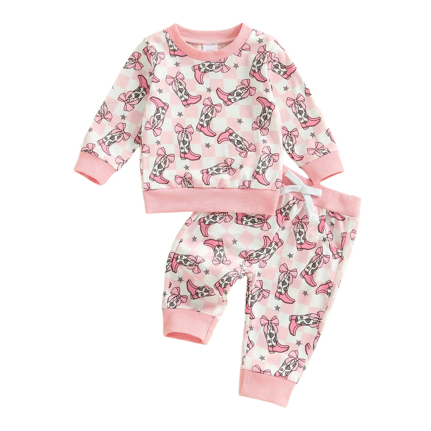 Toddler Girls Western Outfits Boot Plaid Print Long Sleeve Sweatshirt and Elastic Pants Set Baby Clothes