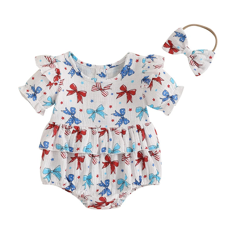 Baby Girl 2Pcs 4th of July Outfit Love Heart Star Pattern Ruffled Crew Neck Short Sleeve Romper & Bow Headband Set