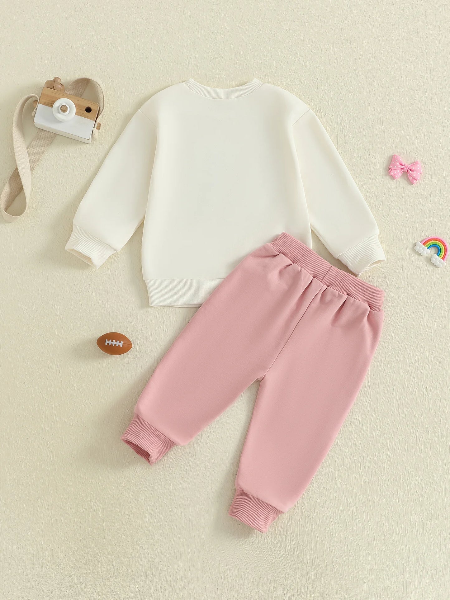 Baby Toddler Girls 2Pcs Game Day Fall Outfits Long Sleeve Bow Football Embroidery Top Jogger Pants Set Clothes