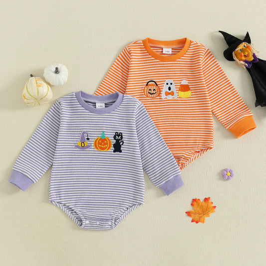 Baby Girls Boys Halloween Romper Long Sleeve Crew Neck Pumpkin Ghost Embroidery Bodysuit Fall