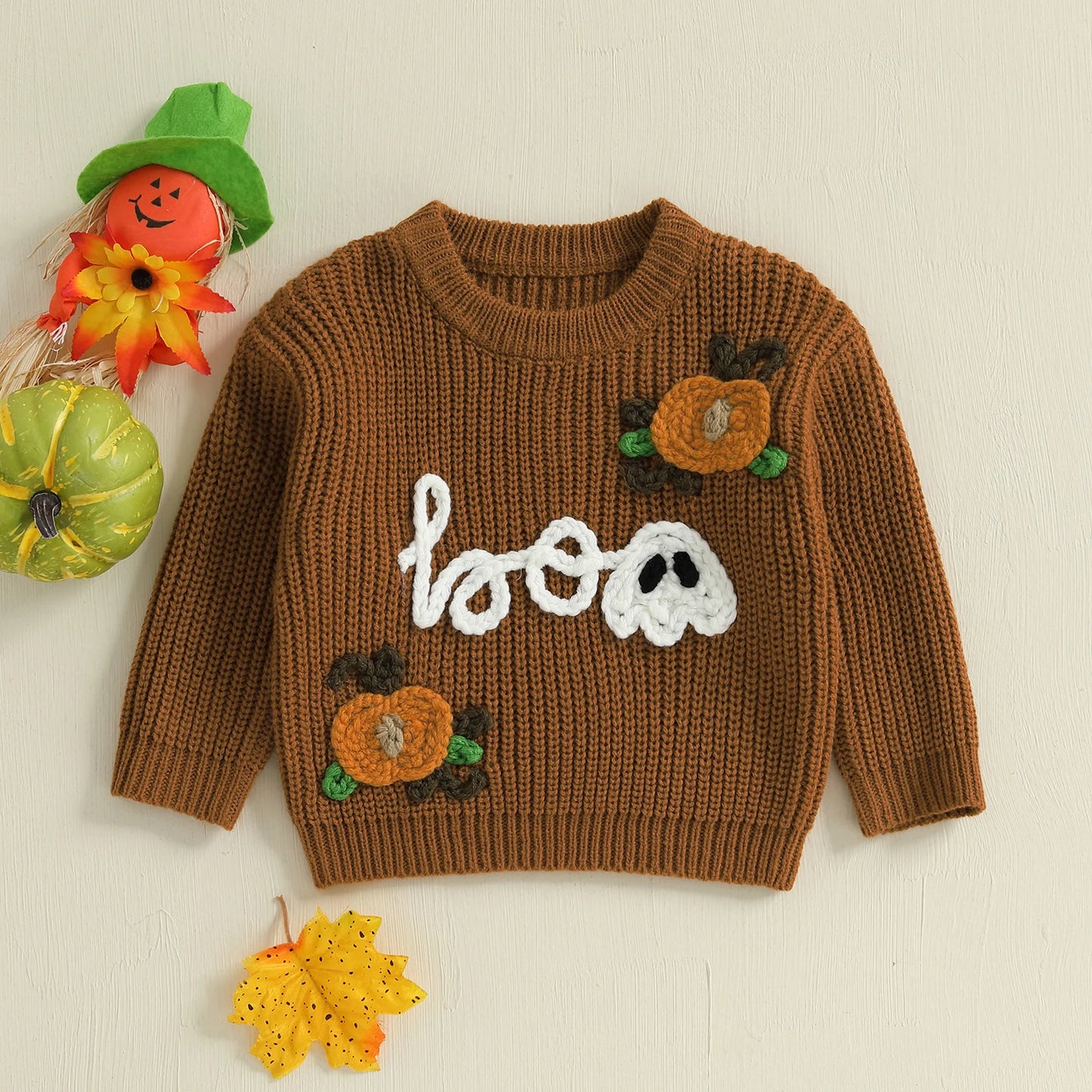Baby Toddler Boys Girls Halloween Sweater Boo Letter Ghost Embroidery Long Sleeve Crew Neck Knitwear Pullover Top