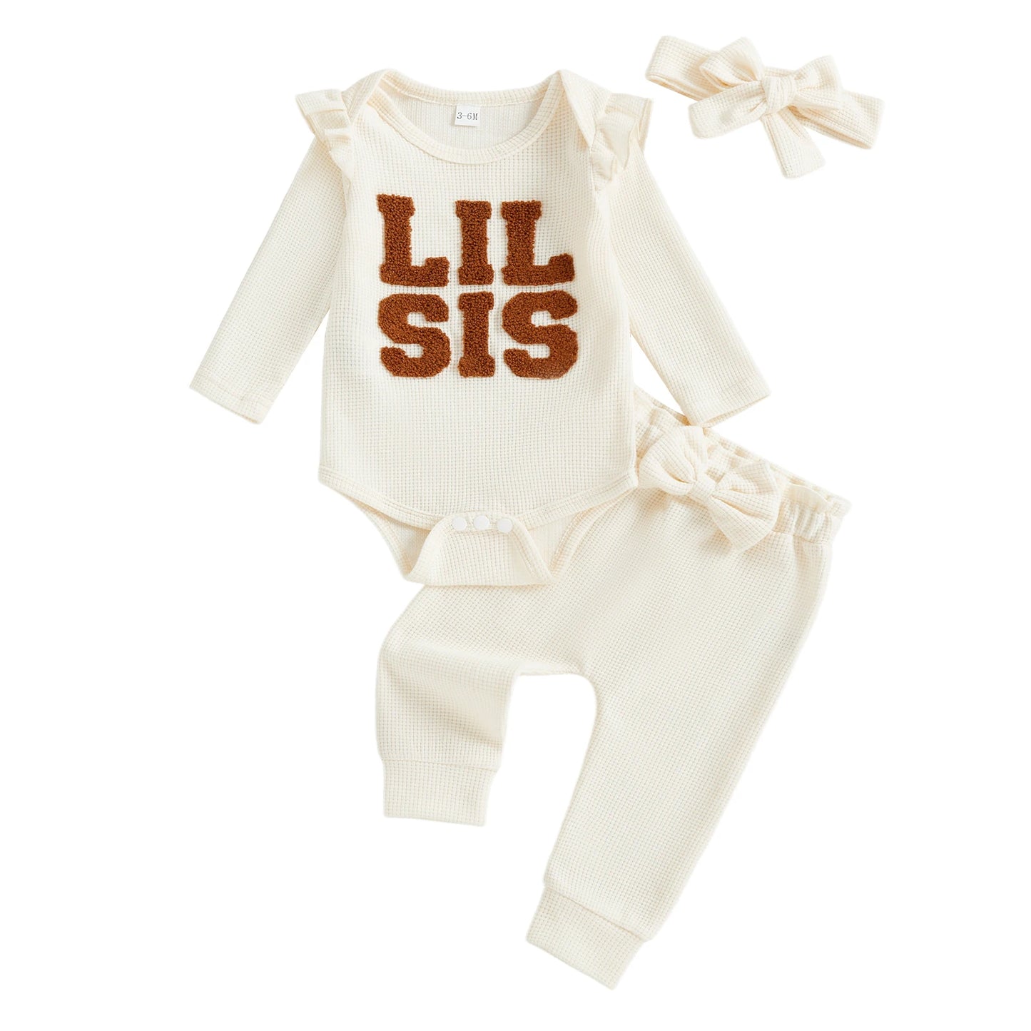 Baby Girl 3Pcs Lil Sis Outfit Waffle Letter Embroidered Crew Neck Long Sleeve Romper Jogger Pants and Headband 3 Pcs Set