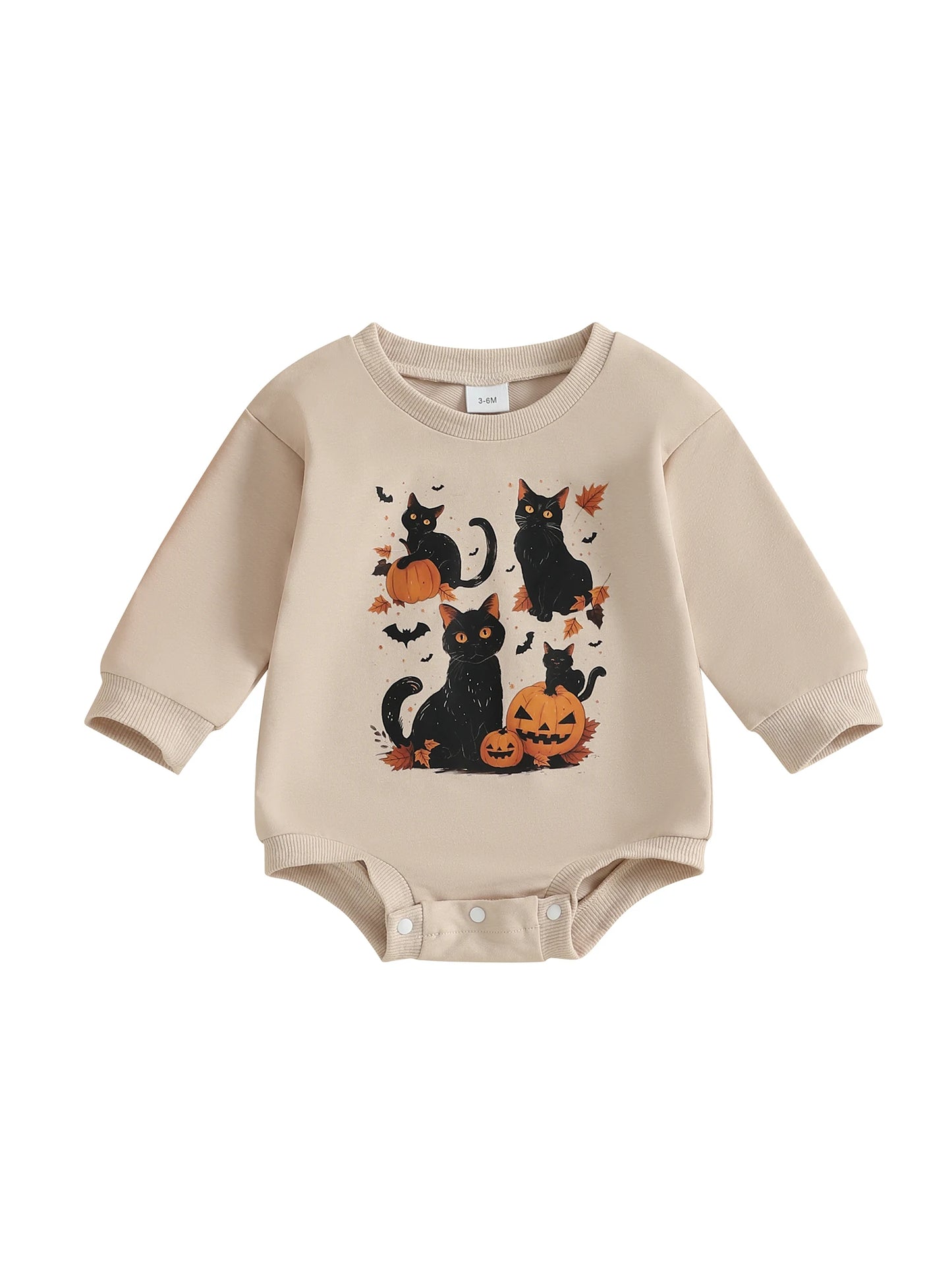 Baby Boys Girls Halloween Bubble Romper Long Sleeve Round Neck Black Cat Ghost Print Romper Fall Playsuit