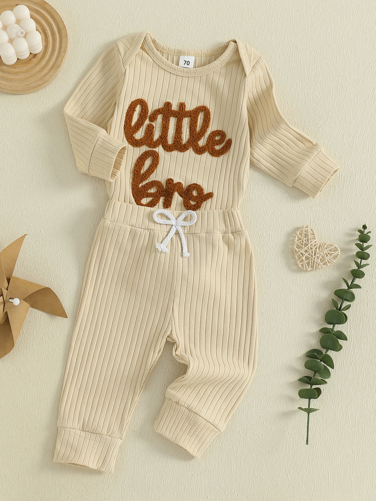 Baby Boy 2Pcs Fall Clothes Letter Little Bro Embroidery Long Sleeve Romper Solid Long Jogger Pants Outfit Set