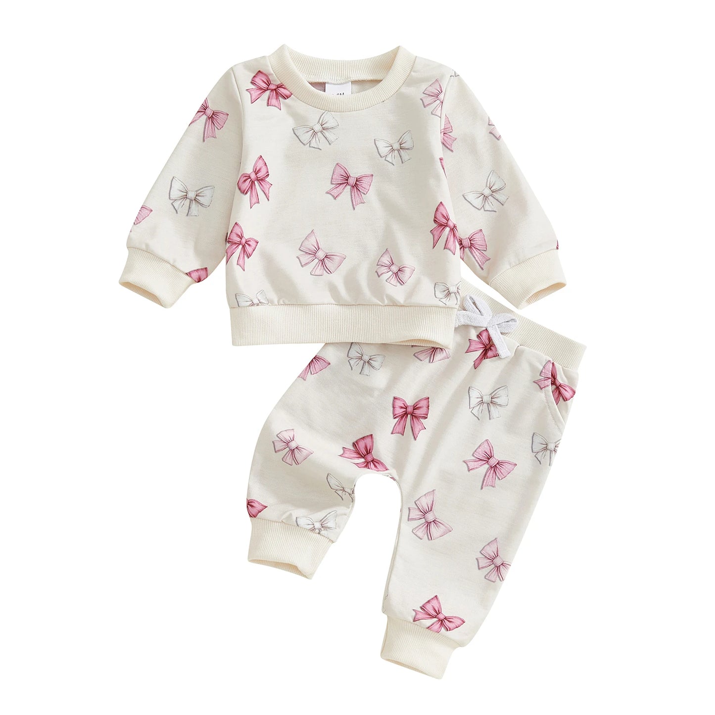 Baby Toddler Girls 2Pcs Spring Outfits Bow Print Long Sleeve Round Neck Pullover Top Elastic Waist Long Pants Jogger Set