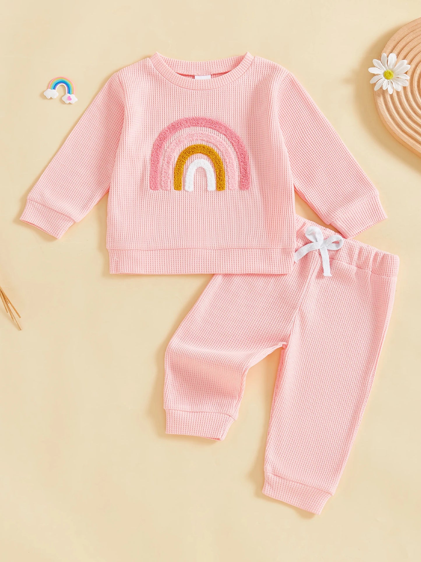 Baby Toddler Girls 2Pcs Fall Set Fashionable Rainbow Embroidery Long Sleeve Pullover Top with Jogger Pants Outfit