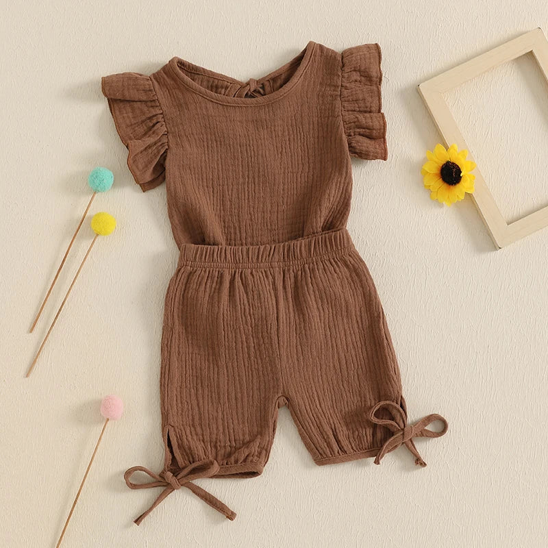 Baby Toddler Girls 2Pcs Summer Outfit Solid Color Short Frill Sleeve Round Neck Top + Elastic Waist Tie Shorts Set