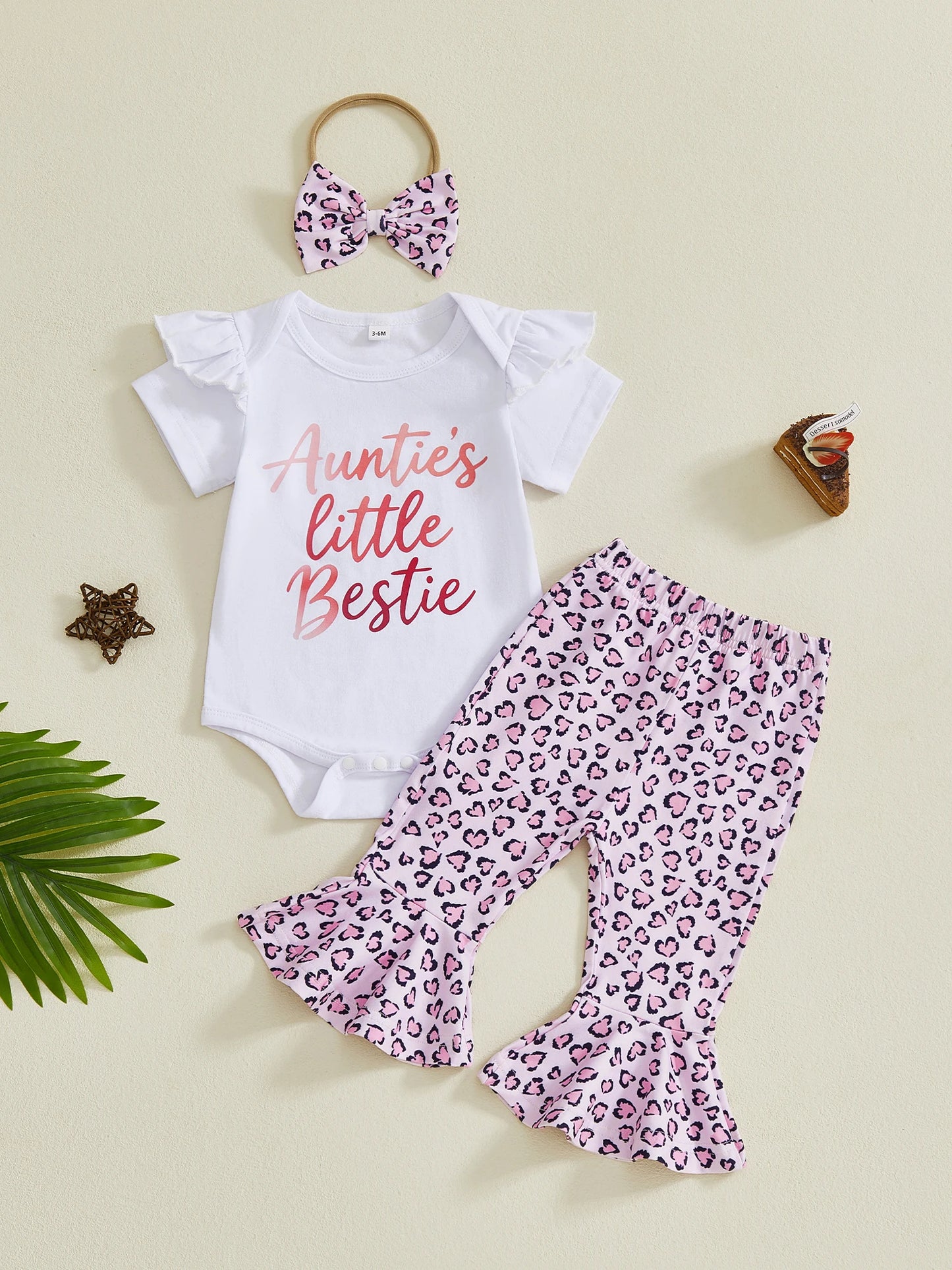 Baby Girl 3Pcs Auntie's Little Bestie Spring Outfits Letter Short Sleeve Romper with Leopard Pattern Flare Pants and Bow Headband Set