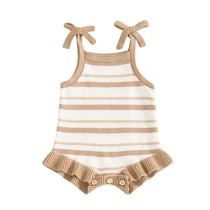 Baby Girls Summer Romper Sleeveless Tank Bow Strap Ruffle Striped Ribbed Jumpsuit Playsuit