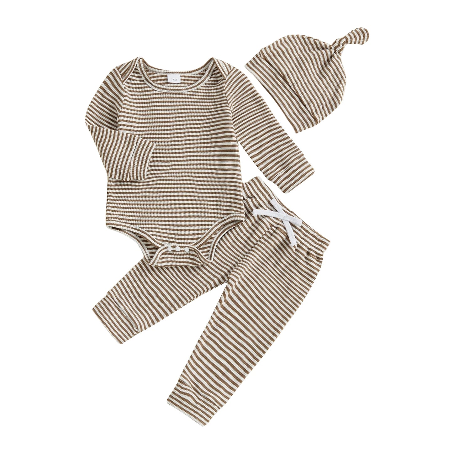 Baby Boys Girls 3Pcs Outfits Striped Crew Neck Long Sleeve Romper with Pants and Cap Beanie Hat Set