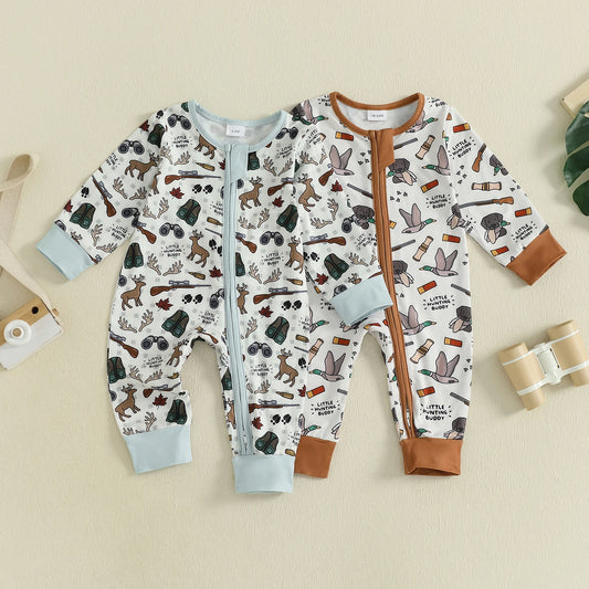 Baby Boys Autumn Casual Jumpsuit Long Sleeve Crewneck Deer Duck Print Zipper Romper