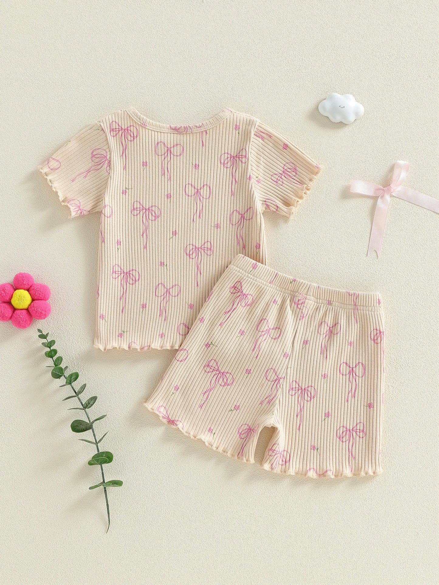 Baby Toddler Girls 2Pcs Clothing Set Fashionable Cute Bow Printed Short Sleeve Top with Shorts Outfit