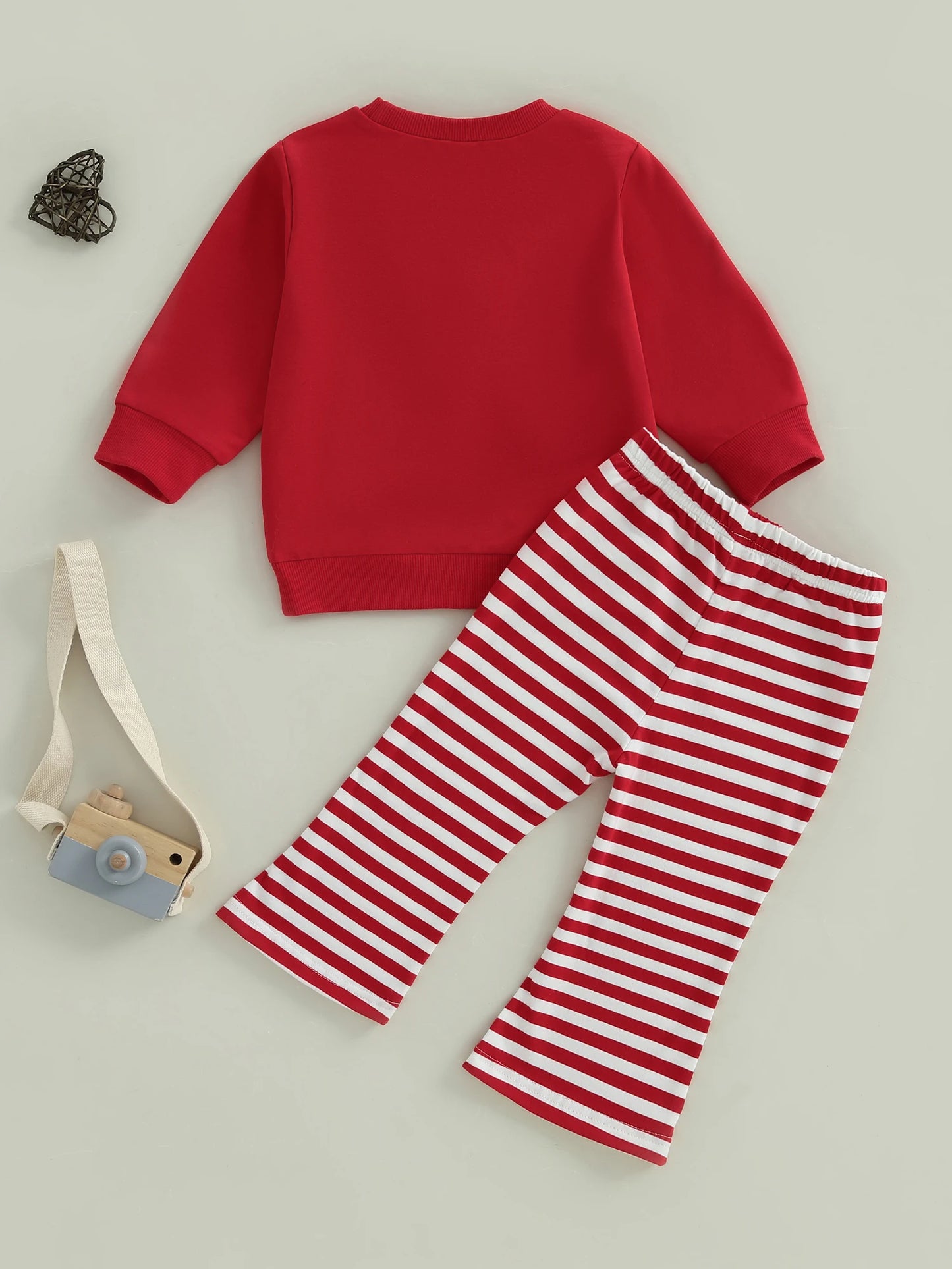 Baby Toddler Girl 2Pcs Christmas Outfit Tree Embroidery Long Sleeve Round Neck Pullover Top Stripe Flare Pants Set