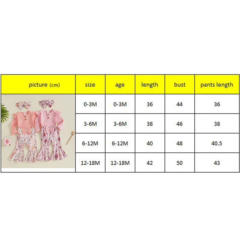 Baby Girls 3Pcs Spring Outfit Solid Color Ribbed Button Long Sleeve Romper Flowers Floral Print Flared Pants with Bow and Headband Set