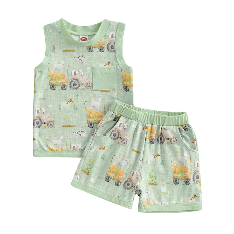 Baby Toddler Boys 2Pcs Tractor Farm Animal Sleeveless Tank Top Elastic Waist Shorts Outfit Summer Clothes Set