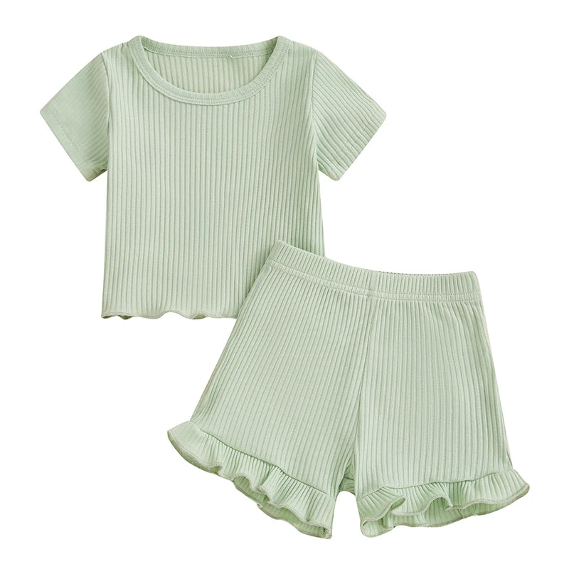 Baby Toddler Girls 2Pcs Ribbed Outfit Solid Color Short Sleeve T-Shirt Top Elastic Waist Ruffle Shorts Set