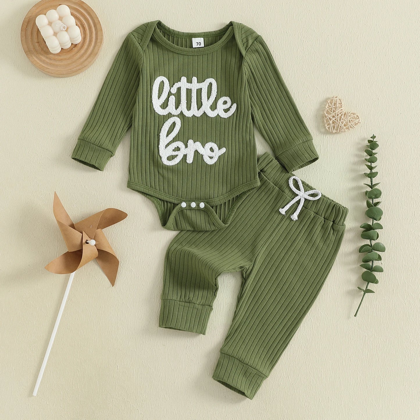Baby Boy 2Pcs Fall Clothes Letter Little Bro Embroidery Long Sleeve Romper Solid Long Jogger Pants Outfit Set