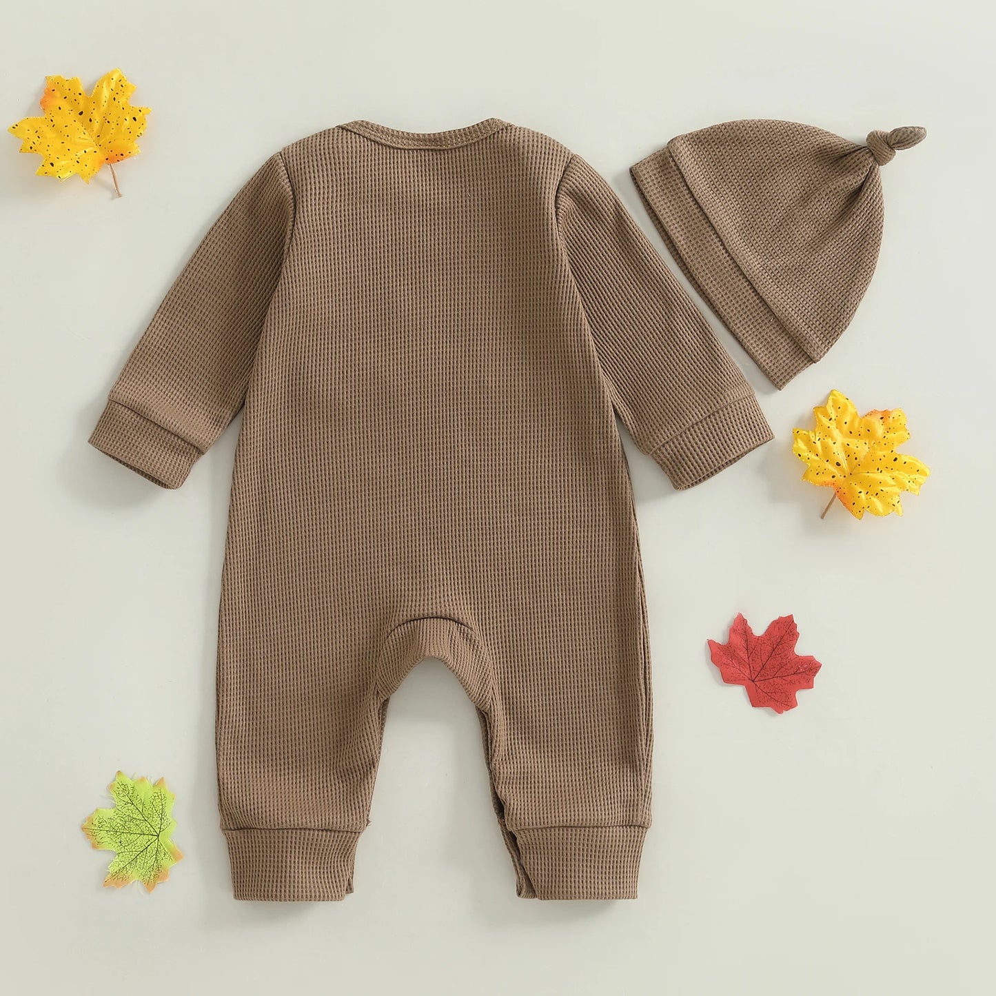 Baby Boys Girls 2Pcs Little Turkey Thanksgiving Outfit Long Sleeve Crew Neck Letter Turkey Embroidery Full Length Romper with Hat Set