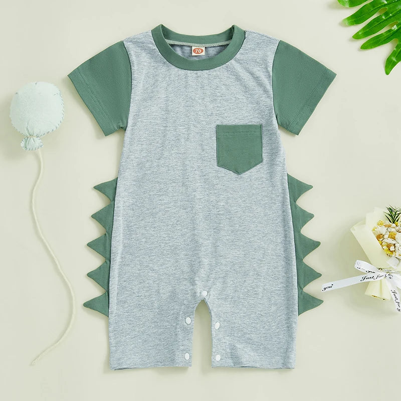 Baby Boy Summer Romper Short Sleeve Round Neck Contrast Color Dinosaur Spikes Jumpsuit Playsuit
