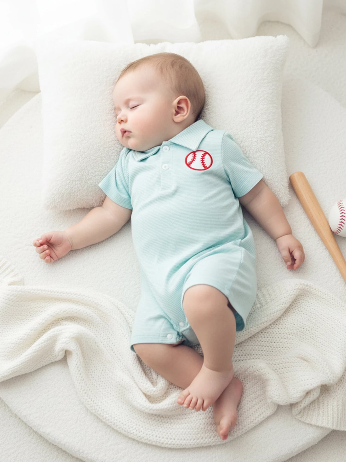 Baby Boy Romper Lapel Collar Short Sleeve Baseball Embroidery Upper Button Striped Jumpsuit