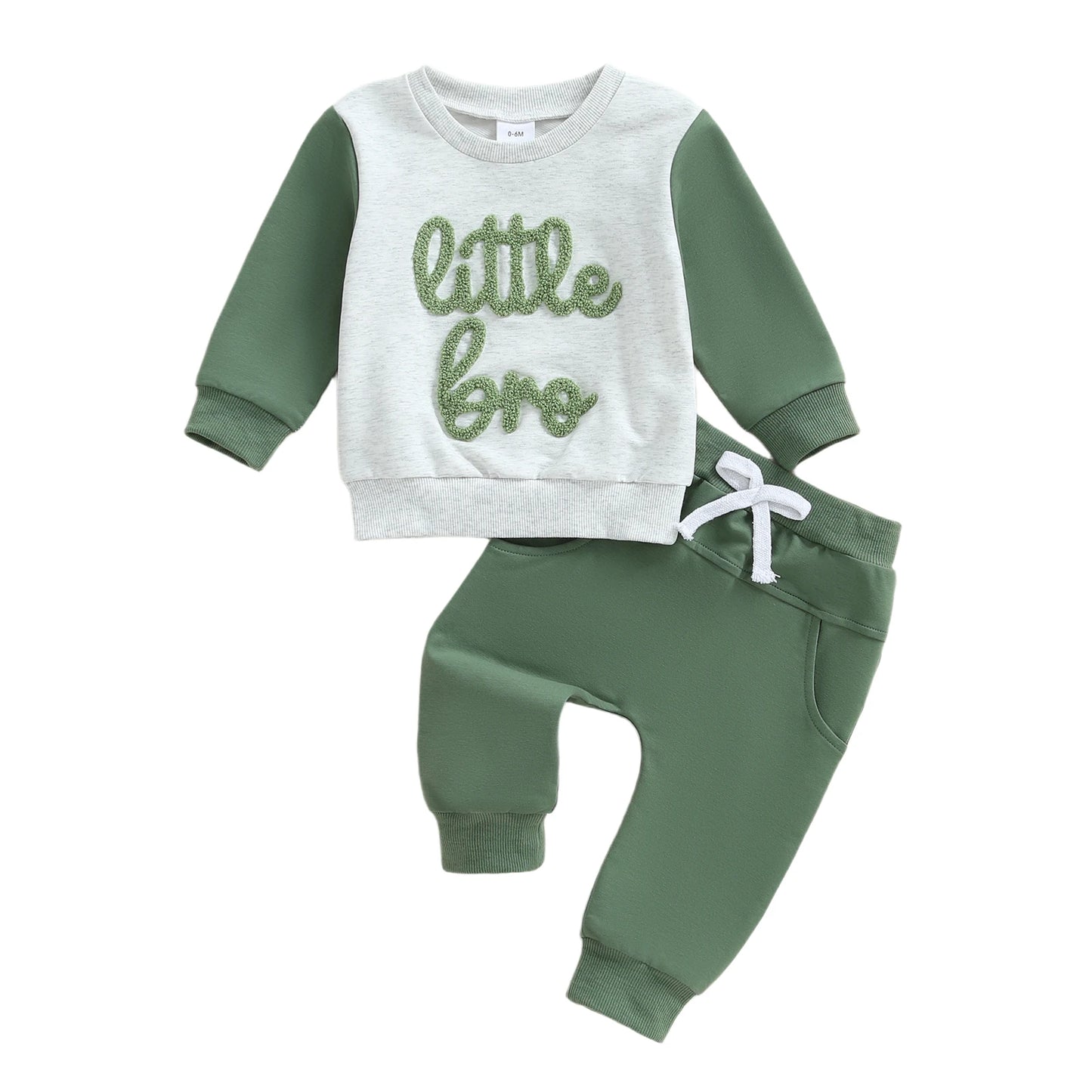 Baby Boy 2Pcs Little Bro Fall Outfits Letter Embroidery Long Sleeve Round Neck Pullover Elastic Waist Solid Pants Jogger Set