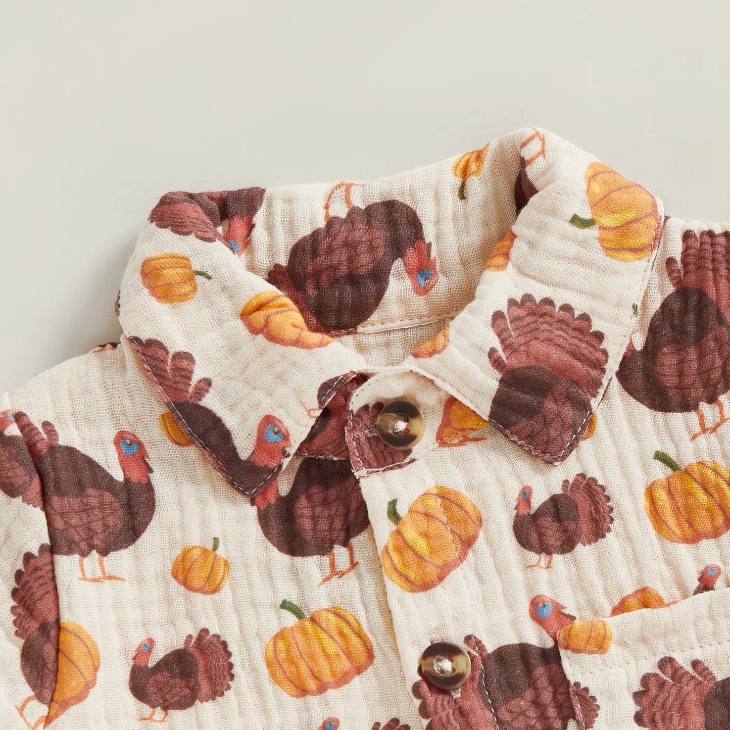 Baby Toddler Boys 2Pcs Thanksgiving Day Short Sleeve Lapel Button Up Turkey Pumpkin Print Top and Shorts Sets