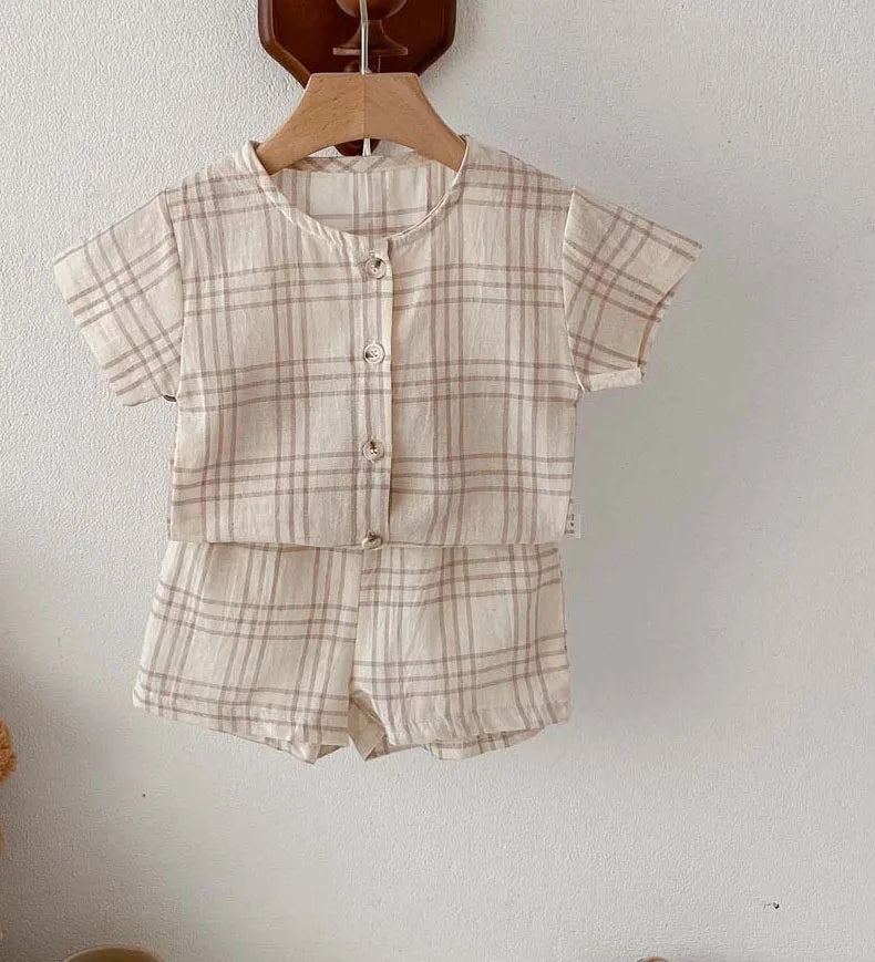 Button Up Plaid Shorts Set