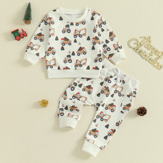 boy christmas outfit with machines, excavator, dump truck