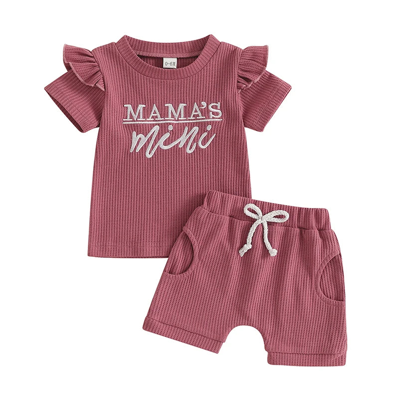 Baby Toddler Girls 2Pcs Waffle Outfit Mama's Mini Letter Embroidery Ruffle Short Sleeve T-Shirt Top and Elastic Shorts Set Clothes