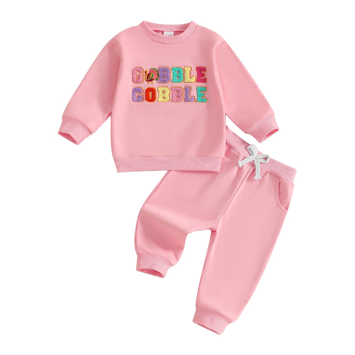 Baby Toddler Girls 2Pcs Thanksgiving Outfit Long Sleeve Turkey Gobble Embroidery Top + Pants Jogger Set Clothes