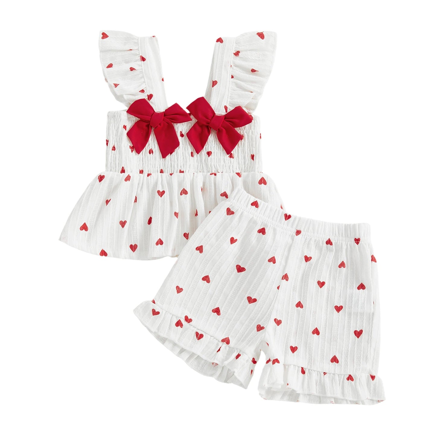 Baby Toddler Girls 2Pcs Valentine's Day Heart Print Ruffle Sleeve Tank Top and Shorts Set for a Sweet Holiday Look
