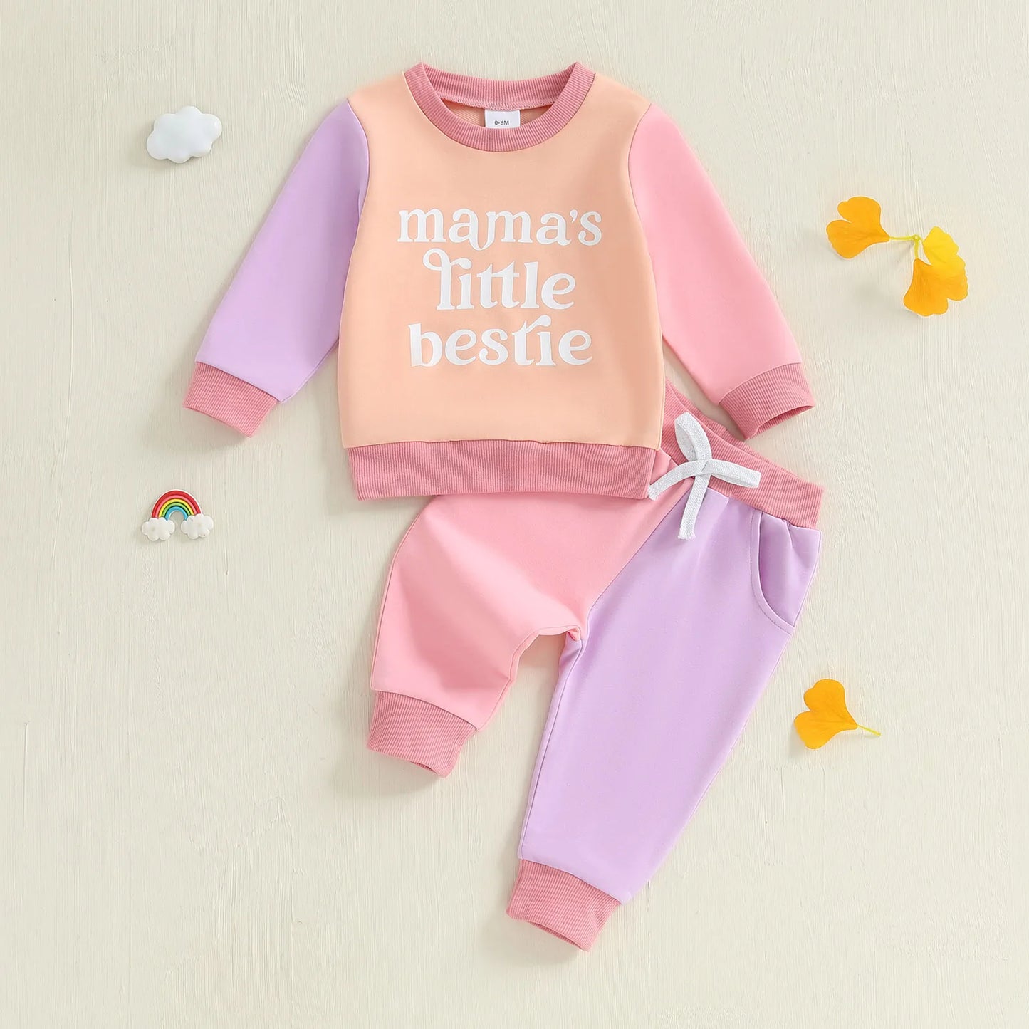 Baby Toddler Girls 2Pcs Mama's Little Bestie Long Sleeve O Neck Contrast Color Top Drawstring Pants Jogger Set