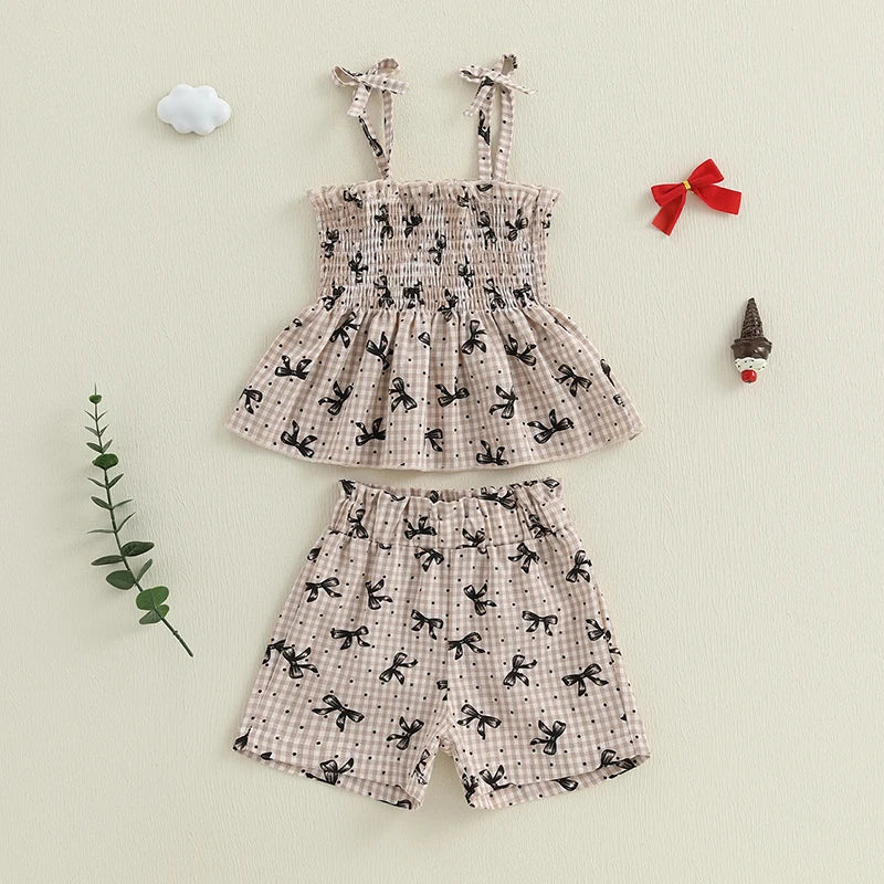Baby Toddler Girls 2Pcs Summer Clothes Plaid Bow Print Spaghetti Strap Cami Tank Top + Elastic Waist Shorts Set
