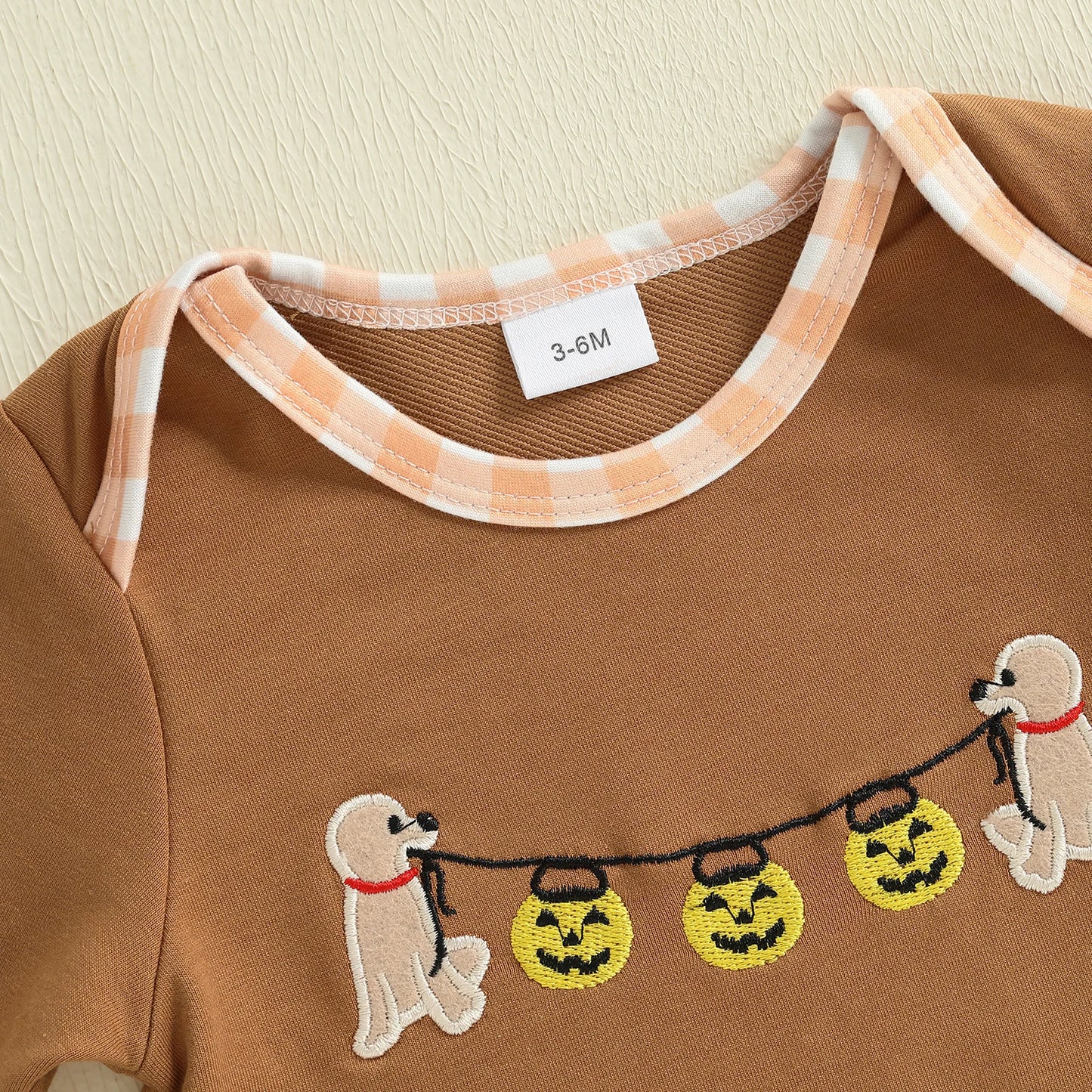 Baby Boys Halloween Romper Pumpkin Dog Embroidery Long Sleeve Round Neck Plaid Jumpsuit
