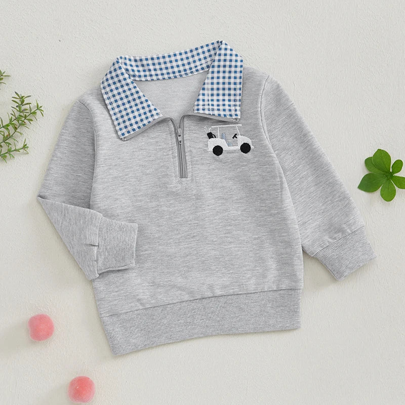 Baby Toddler Boys Golf Cart Embroidery Long Sleeve Pullover Quarter Zip Top